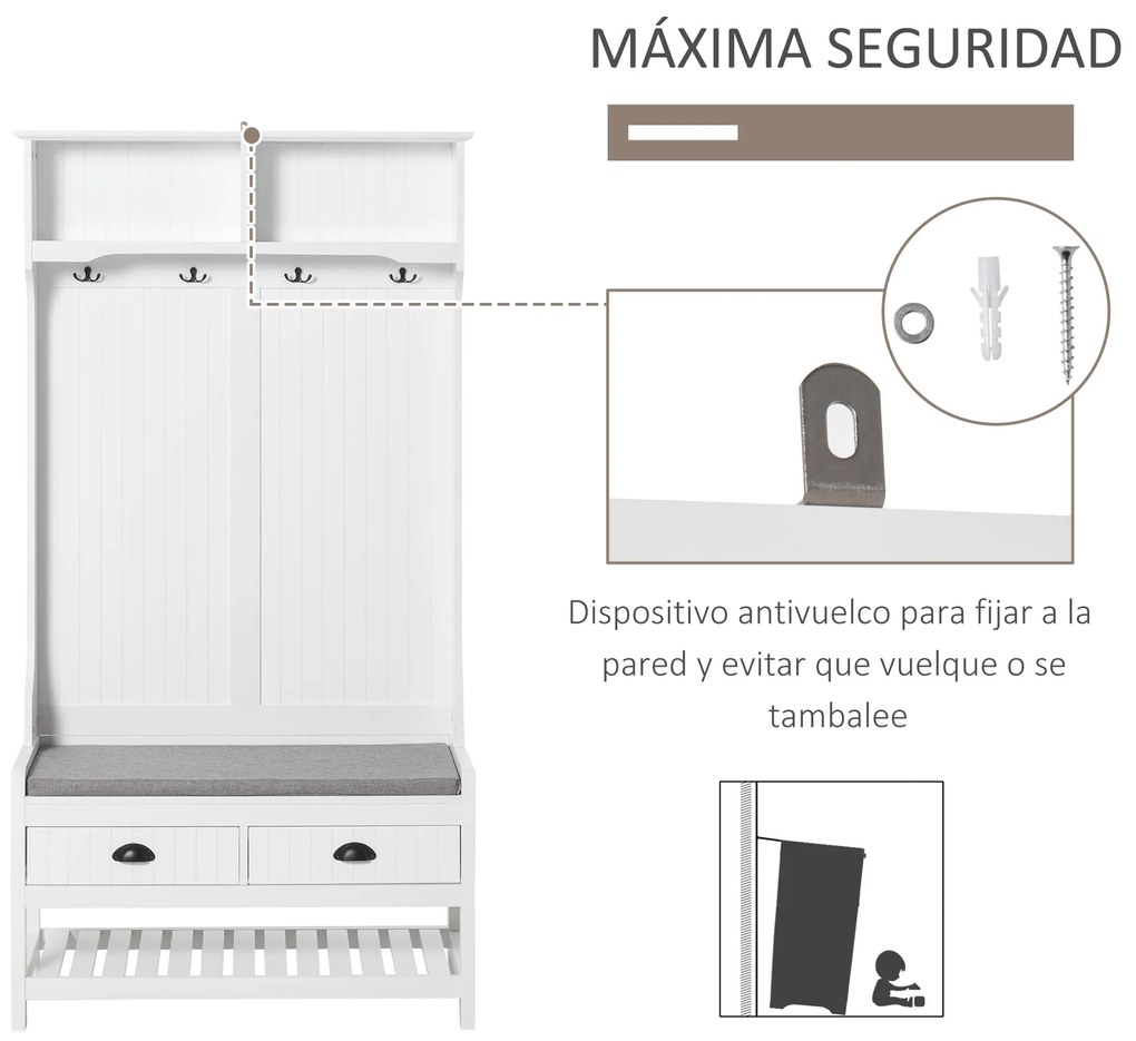HOMCOM Cabide Sapateira com banco 4 ganchos 2 compartimentos abertos 2 gavetas removíveis e prateleira inferior moderna para corredor entrada 87x42x172 cm Branco