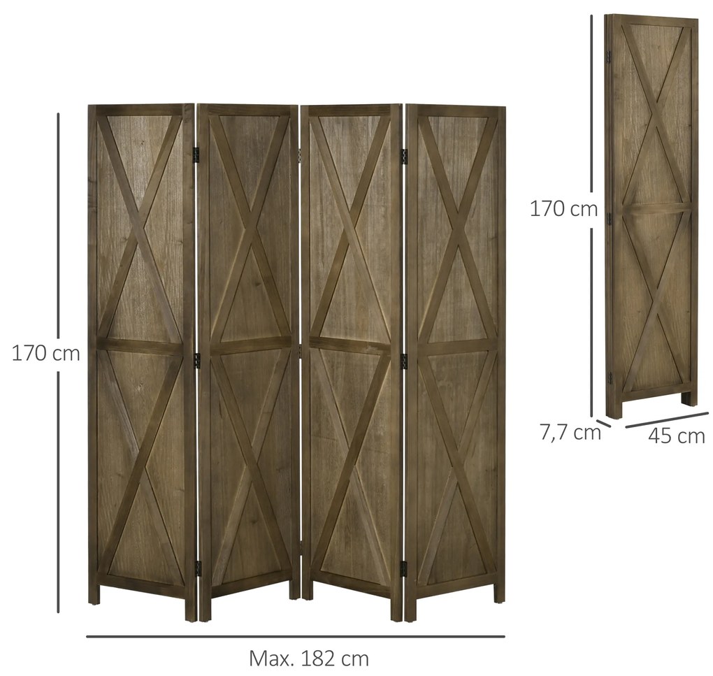 Biombo de 4 Painéis Separador de Ambientes Dobrável 182x170 cm Divisória para Espaços de Madeira Castanho Acinzentado