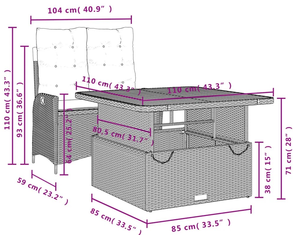 2 pcs conjunto de jantar p/ jardim com almofadões vime PE bege