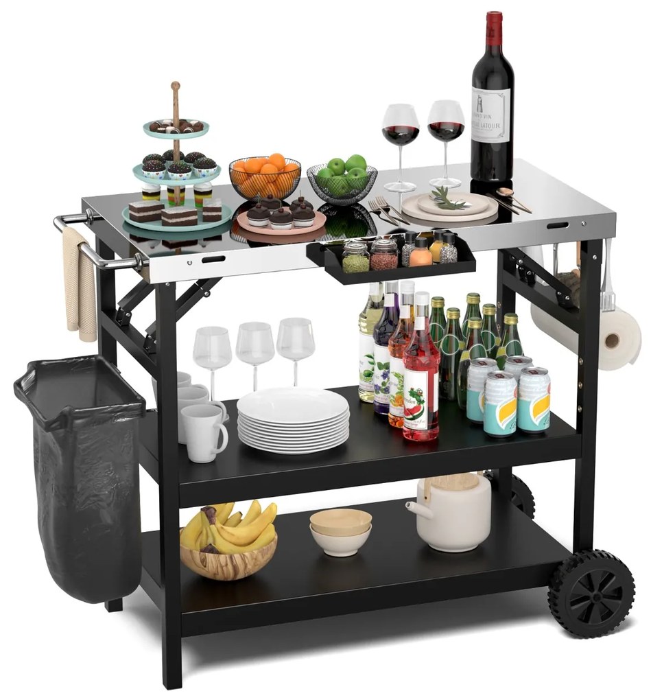 Carrinho de jantar para exterior com Estante ajustável Suporte ajustável para preparação de alimentos 106 x 52 x 84cm Preto e prateado