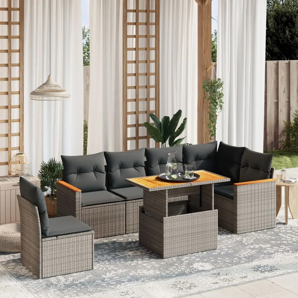 7 pcs conjunto sofás p/ jardim c/ almofadões vime PE cinzento