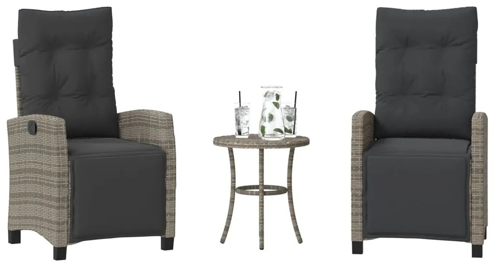 vidaXL 3 pcs conjunto bistrô com almofadões vime PE cinza