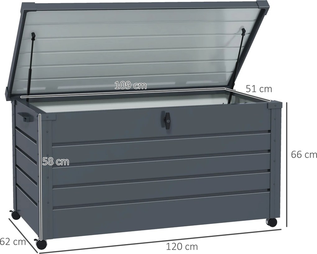 Caixa de arrumação 120 x 62 x 66 cm para exterior 311L, com amortecedor a gás, rodas e pega, em aço galvanizado, cinzento