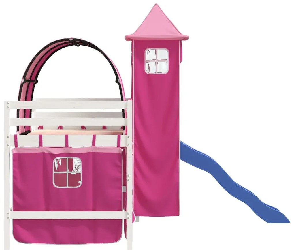 Cama alta para criança com torre 80x200 cm pinho maciço rosa