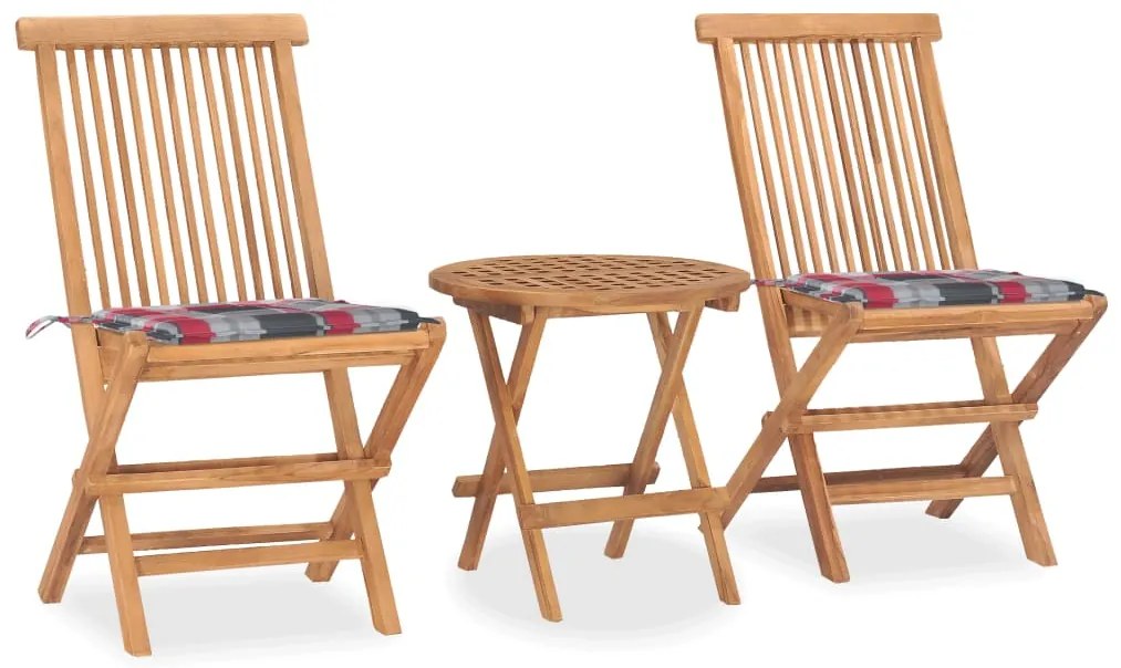 3 pcs conj. jantar dobrável exterior c/ almofadão teca maciça