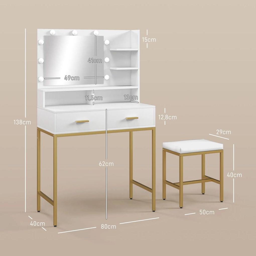 Toucador de Maquilhagem com Luz e Banco Mesa de Maquilhagem com 2 Gavetas e Prateleiras Estilo Moderno para Quarto Branco