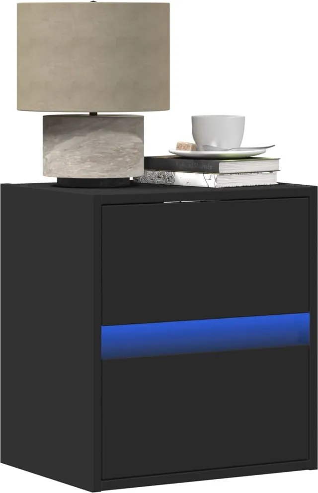 vidaXL Mesa de cabeceira de parede com luzes LED preto