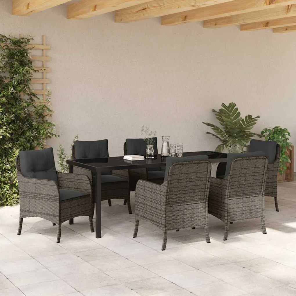 Conjunto de Jantar de Jardim de 7 Peças com Almofadas Cinza Vime Polié