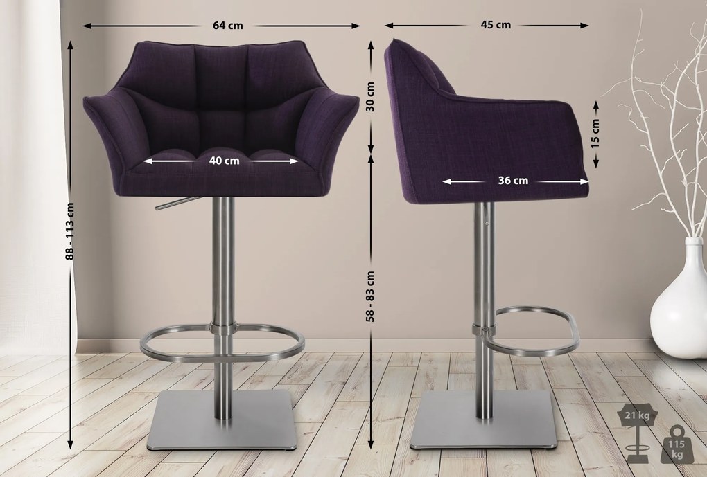 Banco de bar Damaso em tecido e com estrutura prateada 64 x 88-113 x 45 cm Roxo
