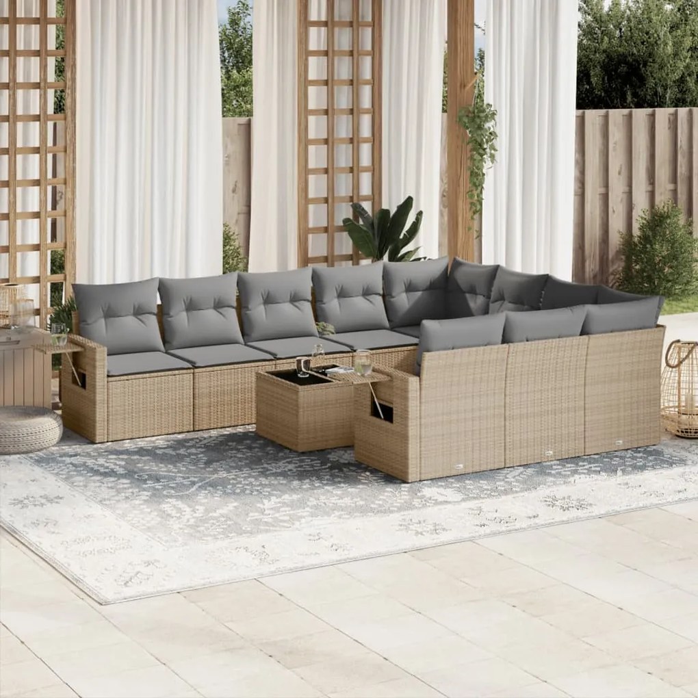 11 pcs conjunto sofás de jardim c/ almofadões vime PE bege