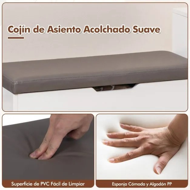 Banco para entrada para sapatos 100 x 30 x 68 cm com caixa rebatível e 2 portas Almofada de assento Branco