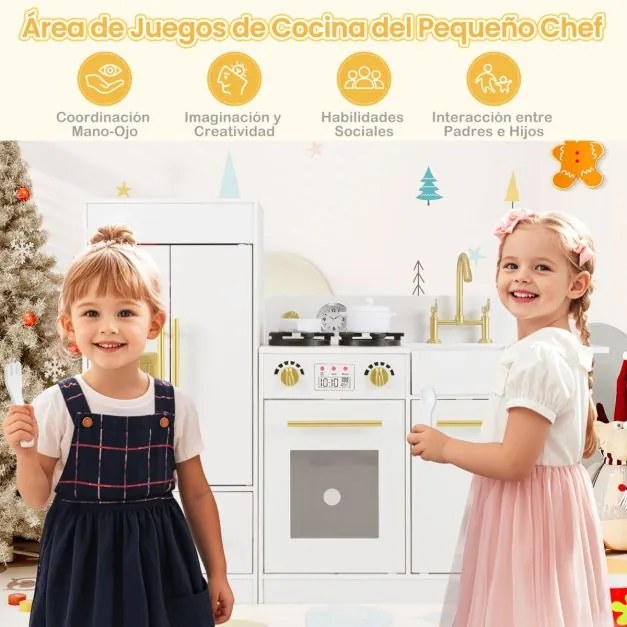 Cozinha para crianças 106,5 x 30 x 81 cm com frigorífico, fogão, máquina de gelo, máquina de lavar louça, lava-louças e relógio para crianças a partir