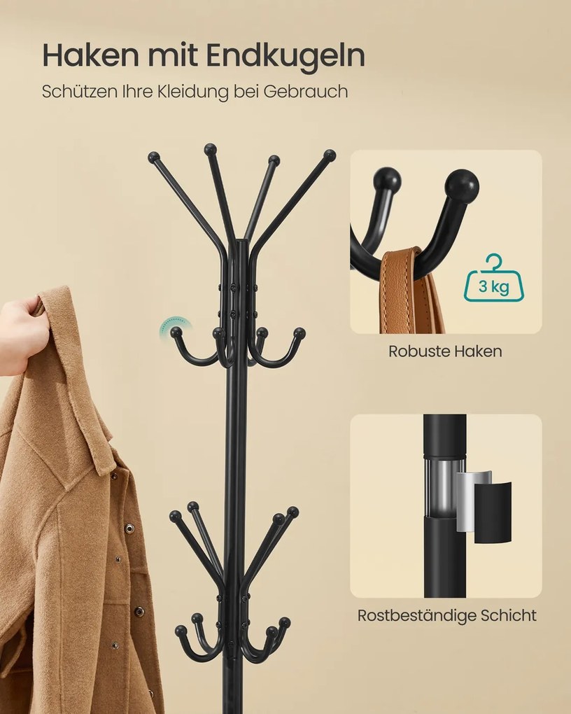 Cabide metálico 48 x 43 x 175 cm com ganchos para roupas e acessórios, preto