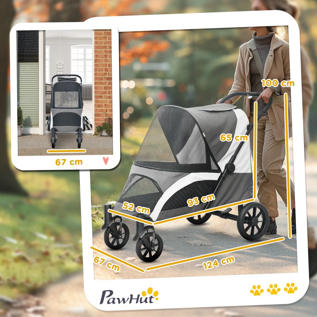 Carrinho Dobrável para Cães com Janelas de Malha Almofadado Lavável Correias de Segurança 124x67x100 cm Cinzento Escuro