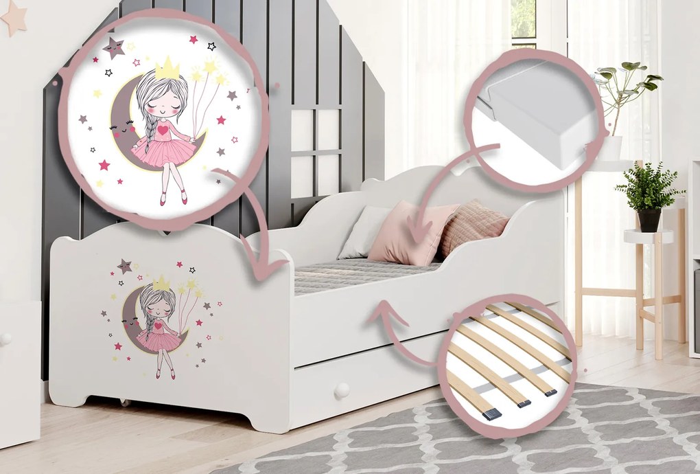 Cama infantil ANNA branca com gaveta 140x70 - princesa adormecida - colchão e estrado incluído