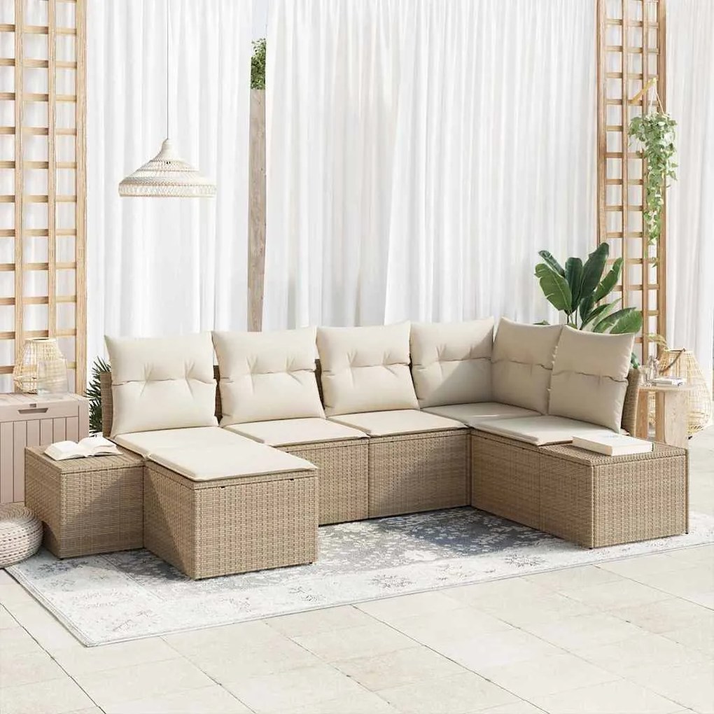 Conjunto de Sofá de Jardim de 6 Peças com Almofadas - Rattan Poly Bege