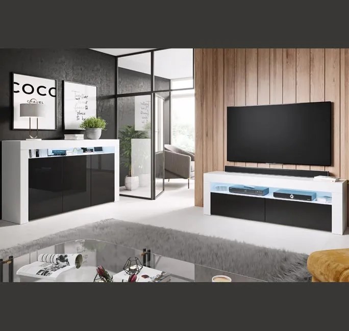 Móvel de TV Alays – 140x35x50,5 cm – Branco Brilhante e Preto – LED RG