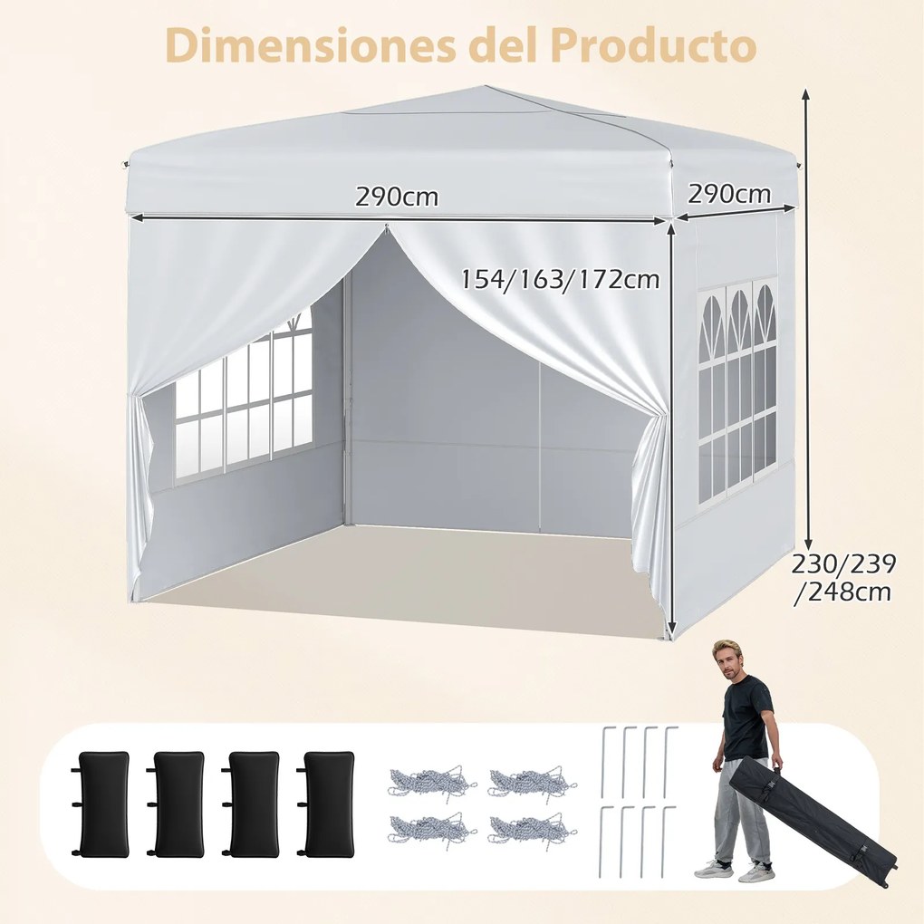 Tenda Pop up Dobrável 290 x 290 cm 4 x Sacos de areia e com 4 paredes laterais amovíveis e altura ajustável, feiras, eventos Branca