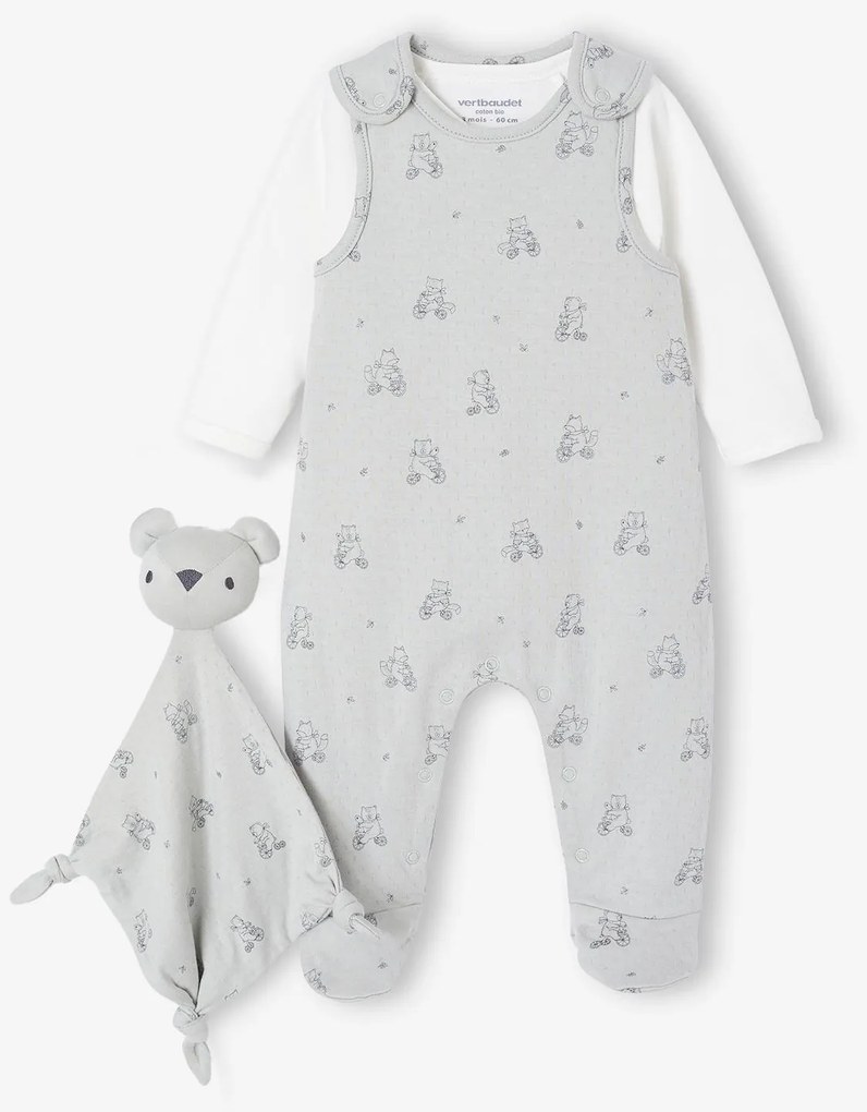 Conjunto de 3 peças para recém-nascido: macacão + body + boneco doudou verde-água