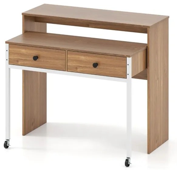 Secretária extensível, mesa pequena para computador com 2 gavetas e rodas 100 x 63 x 88 cm natural