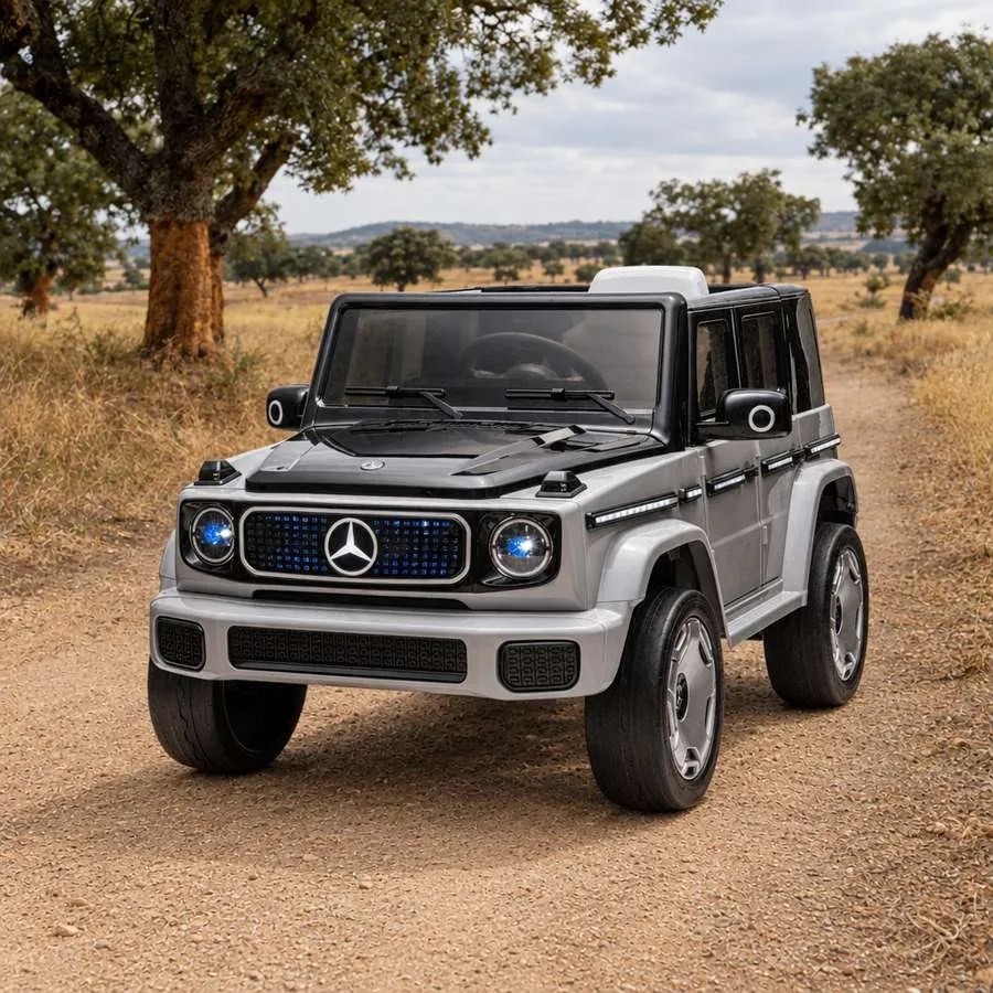 Carro elétrico para crianças Mercedes-Benz EQG 12V, partes da carroçaria iluminadas com LED, controlo remoto de 2,4 GHz, entrada USB/AUX, bateria de l