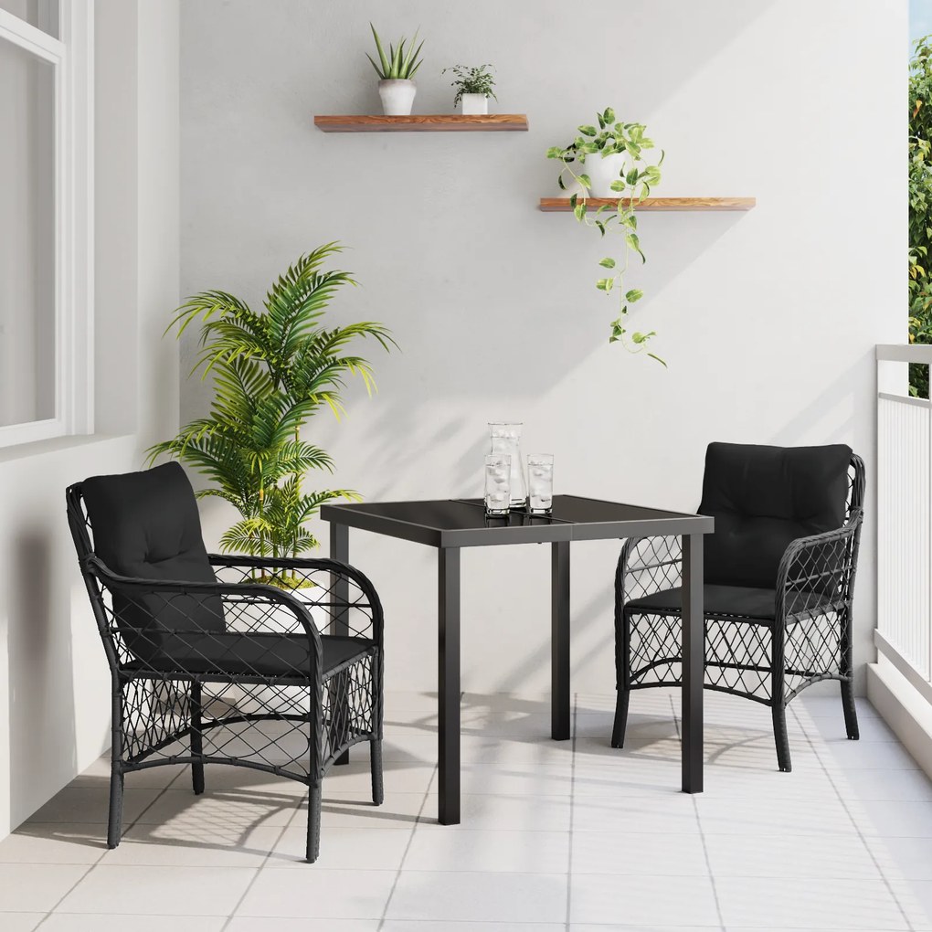 Conjunto de Jantar de Jardim 3 Peças com Almofadas Preto Rattan Poliés