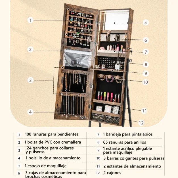 Espelho Guarda joias independente luzes LED painel inferior 41,5 x 37 x 157 cm Castanho