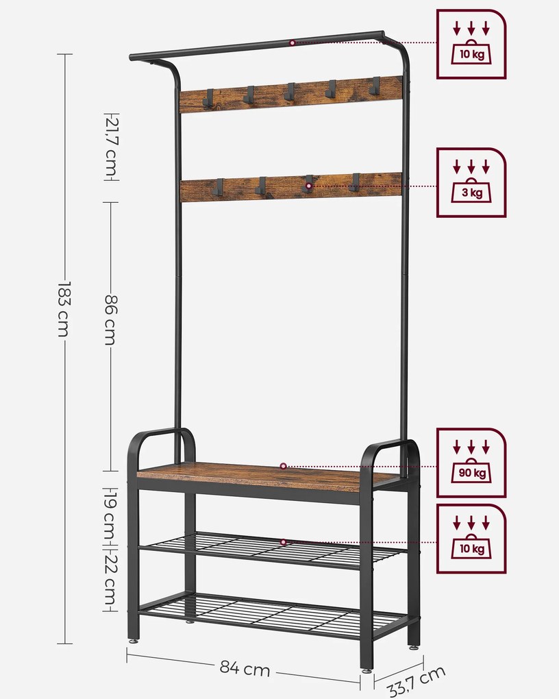 Armário entrada, Hall, com cabide e com 3 prateleiras 84 x 33,7 x 183 cm Castanho Vintage -preto