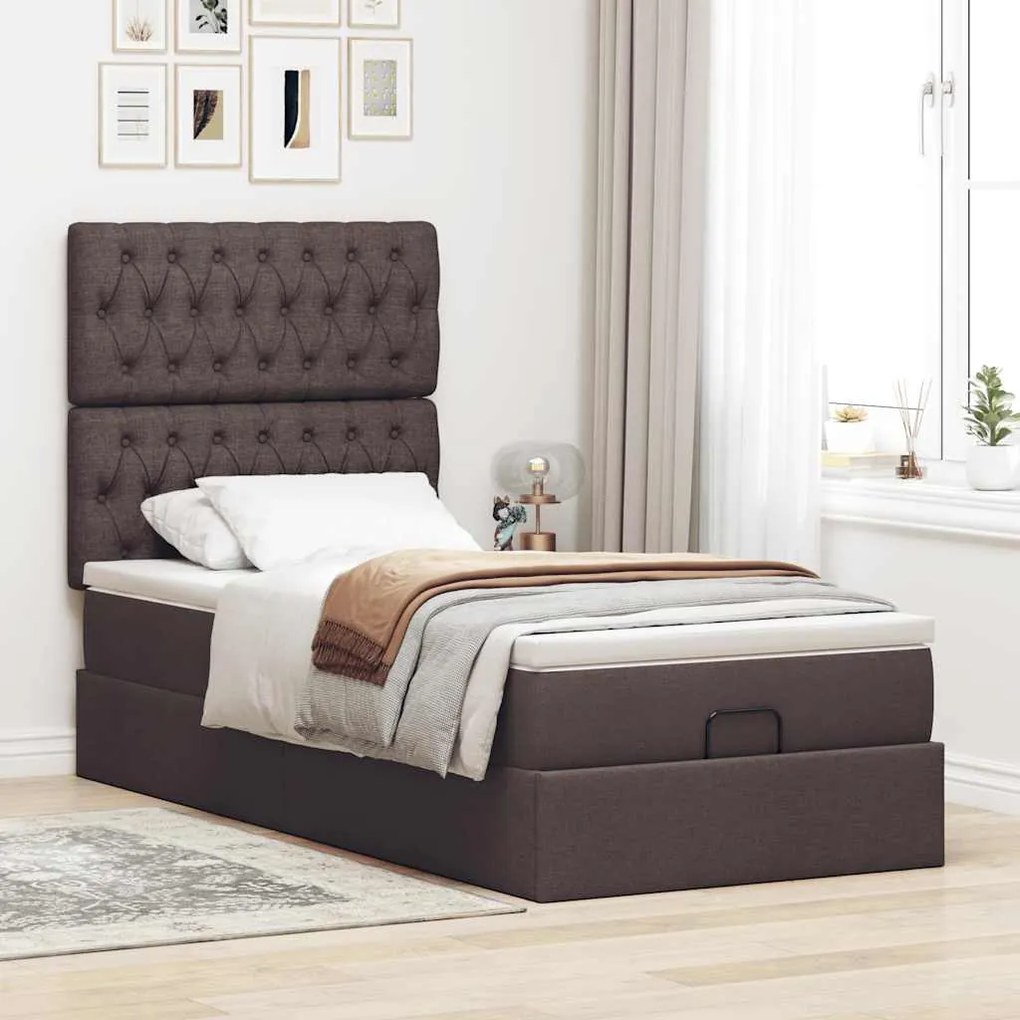 Cama otomana com colchão & LEDs 90x200cm tecido castanho escuro