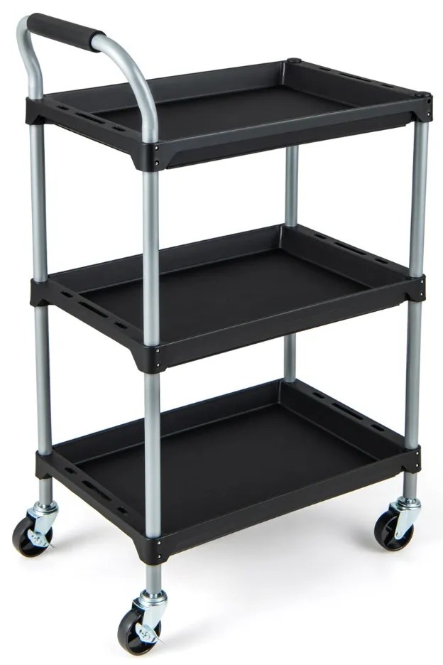 Carrinho de ferramentas de 3 camadas com prateleiras em PP, pega almofadada e rodas giratórias para garagem, oficina 64 x 40 x 102 cm Preto