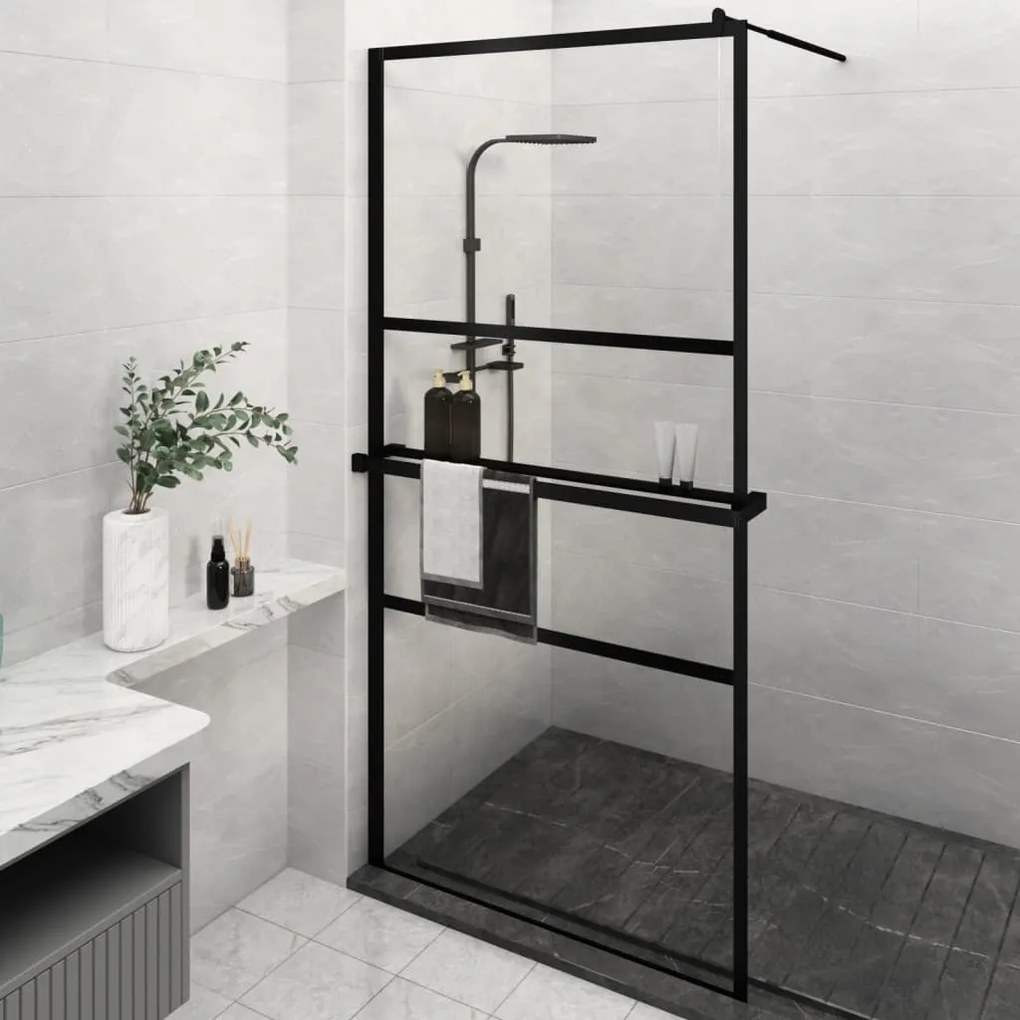 vidaXL Divisória chuveiro+prateleira 115x195 vidro ESG/alumínio preto