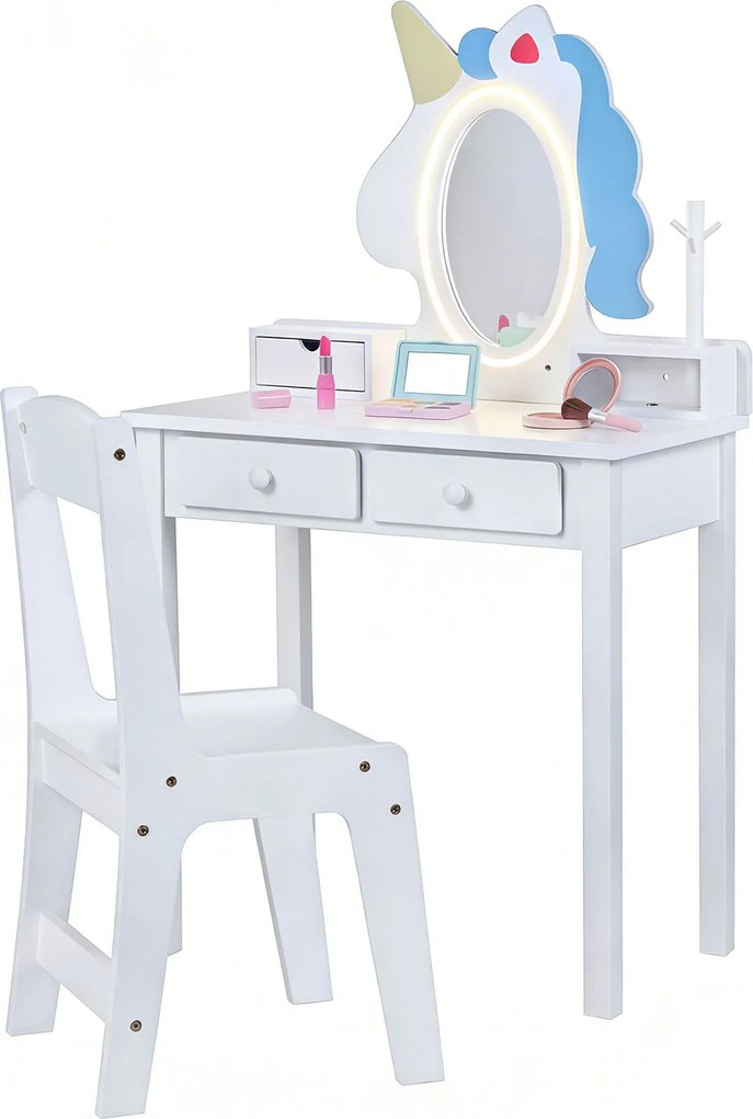Toucador Infantil com Espelho de Unicórnio e Cadeira, 59 x 35 x 103,5 cm, Espelho LED Ajustável, Branco