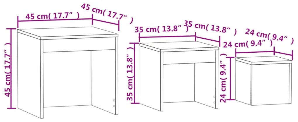 Mesas de encastrar 3 pcs derivados de madeira cinzento sonoma