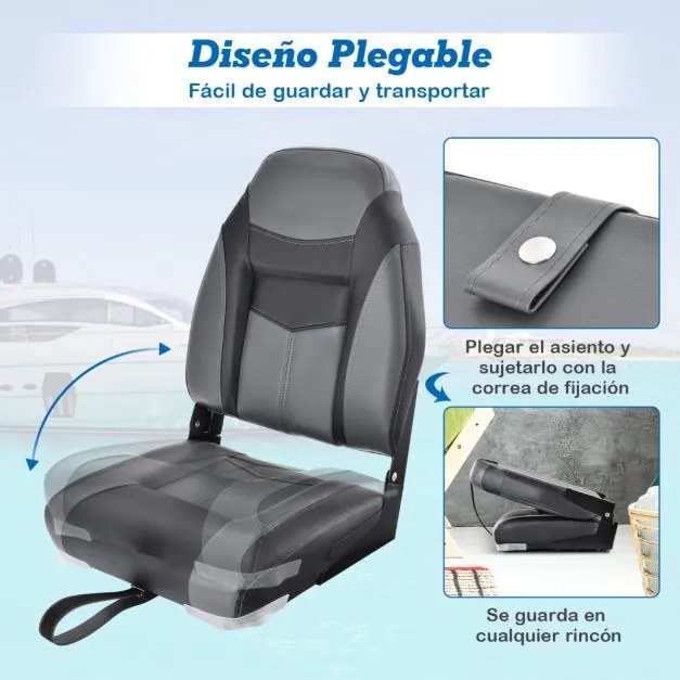Banco de barco rebatível com encosto alto Almofada almofadada macia Assento de capitão moldado universal 44,5 x 51 x 61 cm Preto