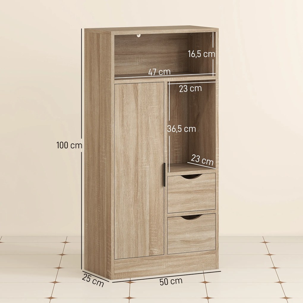 Móvel de Casa de Banho Estreito com 2 Gavetas Compartimento Aberto e Prateleiras Ajustáveis 50x25x100 cm Madeira