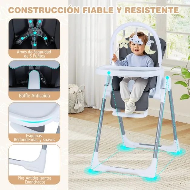 Cadeira alta dobrável para bebés portátil dobrável para bebés e crianças com altura ajustável Encosto reclinável Apoio para os pés Arnês cinzento escu