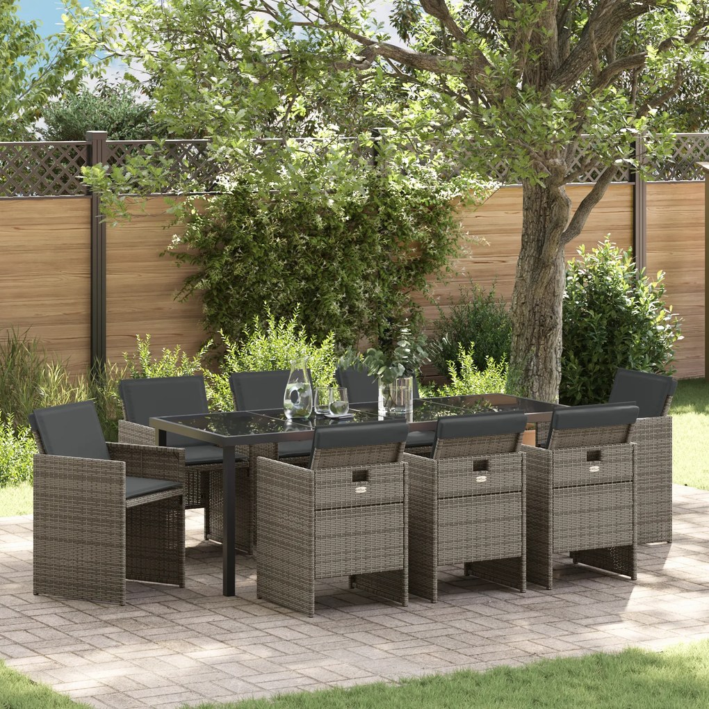 vidaXL Conjunto de Jantar de Jardim com 9 Peças e Almofadas Cinza Rattan Poliéster