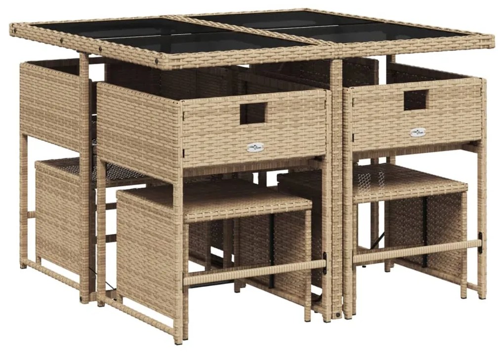 9 pcs conjunto de jantar p/ jardim com almofadões vime PE bege