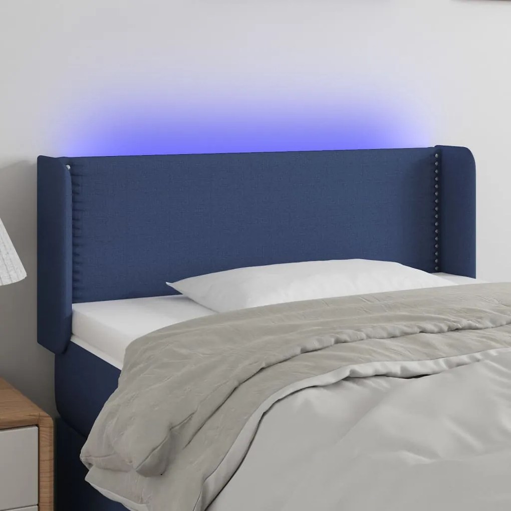 3123084 vidaXL Cabeceira de cama c/ luzes LED tecido 93x16x78/88 cm azul