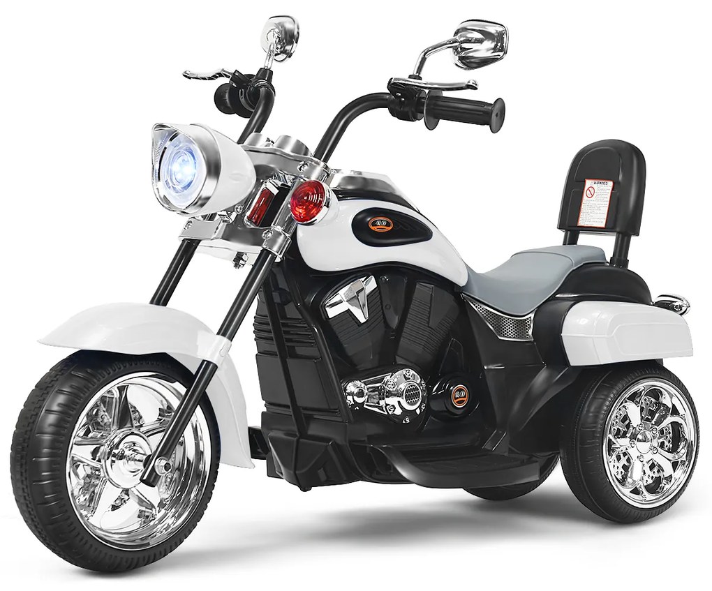 Mota estilo Chopper para crianças Mota a bateria com música para frente e para trás condução realista Branco