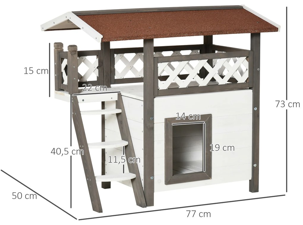 PawHut Casa para Gatos de Madeira 77x50x73cm Casa para Gatos com 2 Níveis com Teto Asfáltico Terraço Cercado Caverna e Escada para Interior e Exterior Branco e Cinza