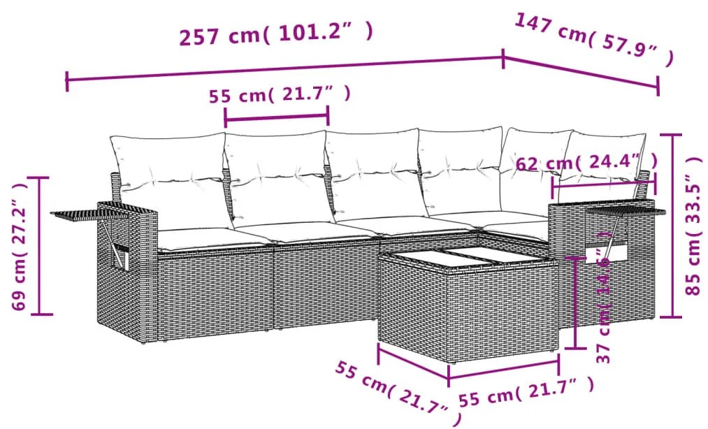 6 pcs conjunto de sofás p/ jardim com almofadões vime PE bege