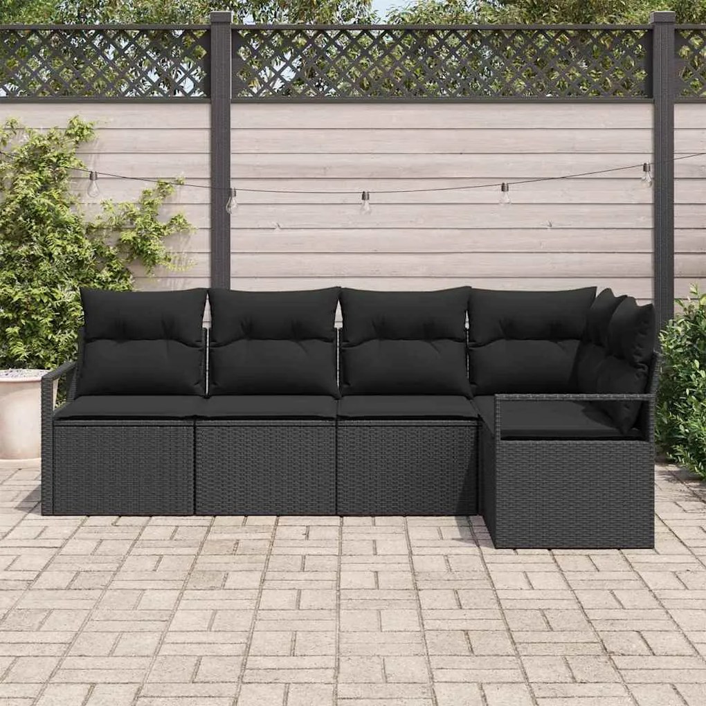 Conjunto de Sofá de Jardim 5 Peças com Almofadas Pretas de Rattan