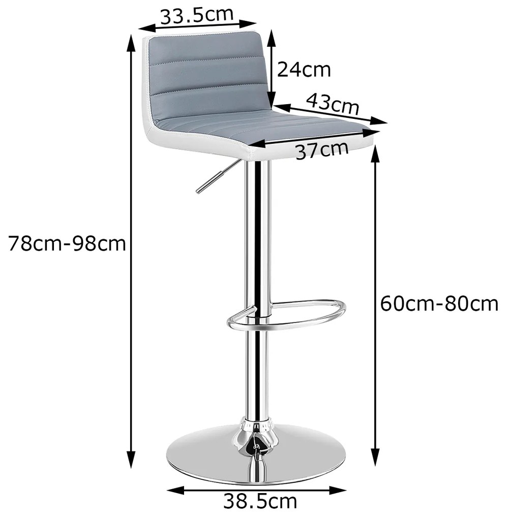 Conjunto de 2 bancos de bar ajustável em altura giratório em couro PU 37 x 43 x 98 cm Cinzento