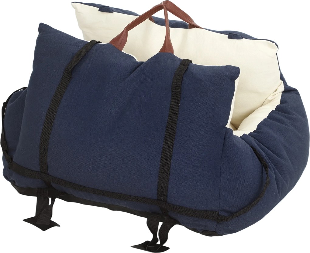 Assento de carro para cães  49x53x36 cm com cinto de segurança e sistema de fixação ao banco do carro, almofadado, azul-marinho