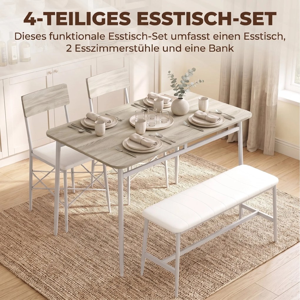 Conjunto de mesa de jantar com 2 cadeiras e um banco, assentos estofados, para sala de estar, espaços pequenos, em cor carvalho e branco