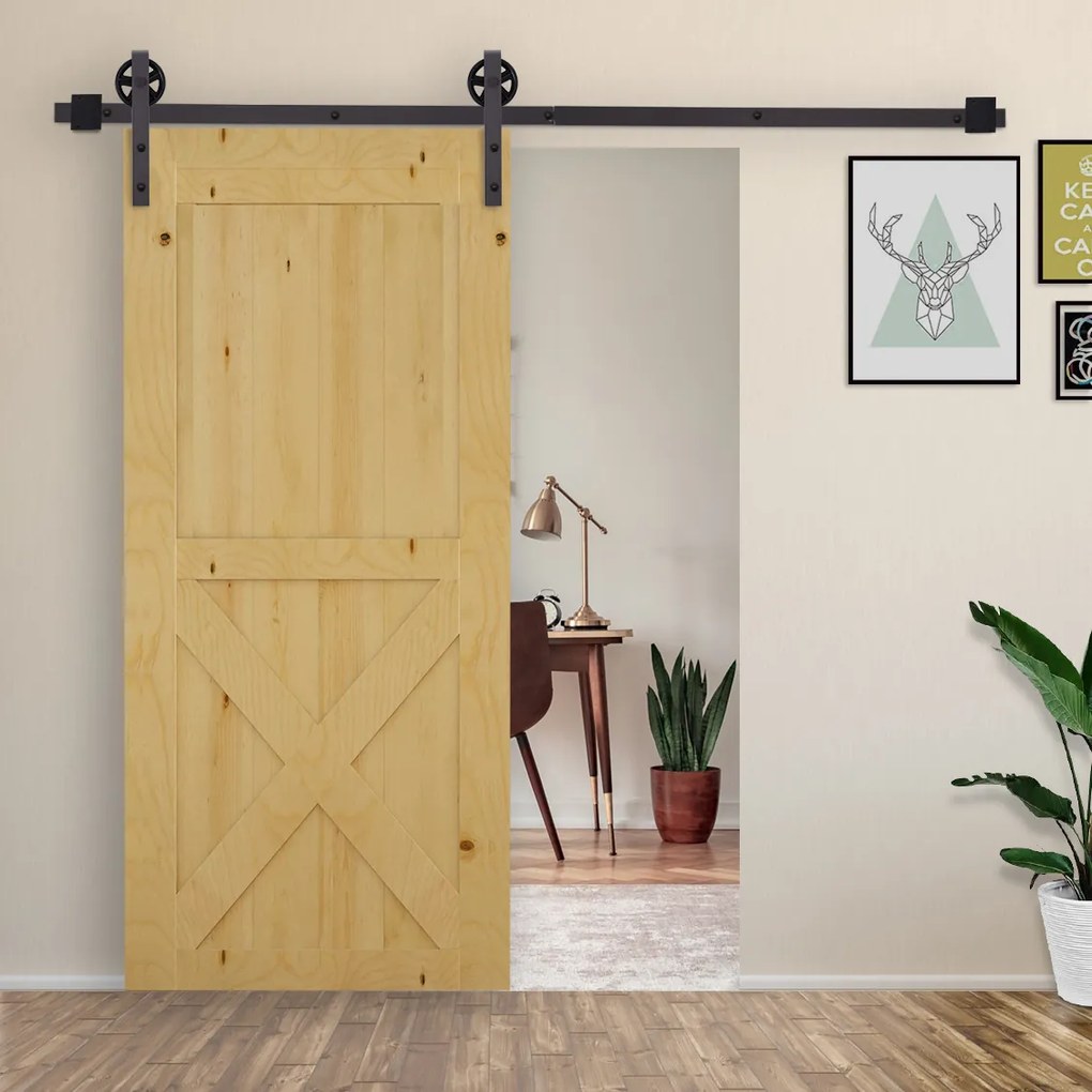 HOMCOM 67T/183cm Ferragens para Porta Corredeira Kit de Acessórios para Porta Corredeira de Madeira com Guia de Chão Trilho de Aço de Carbono