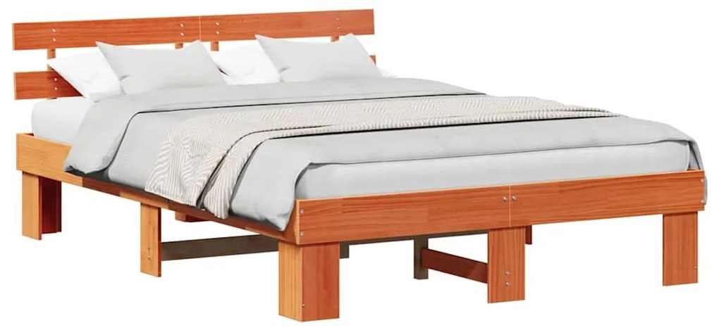 Estrado de Cama com Cabeceira Castanho 160x200 cm Madeira Sólida de Pi