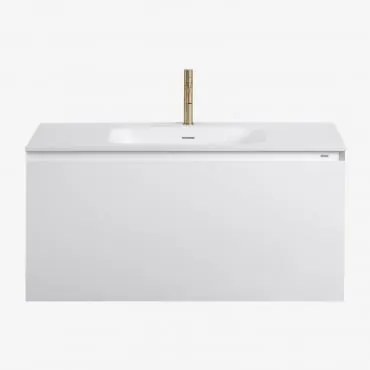 Conjunto De Móvel De Casa De Banho Suspenso Em Madeira Com Lavatório Integrado Macrae Branco & Sem Espelho & Dourado Escovado - Sklum