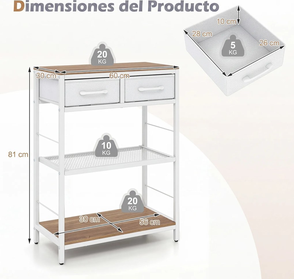 Mesa de Consola com Gavetas e Estantes, 60 x 30 x 81 cm, Estrutura Metálica, Natural e branco